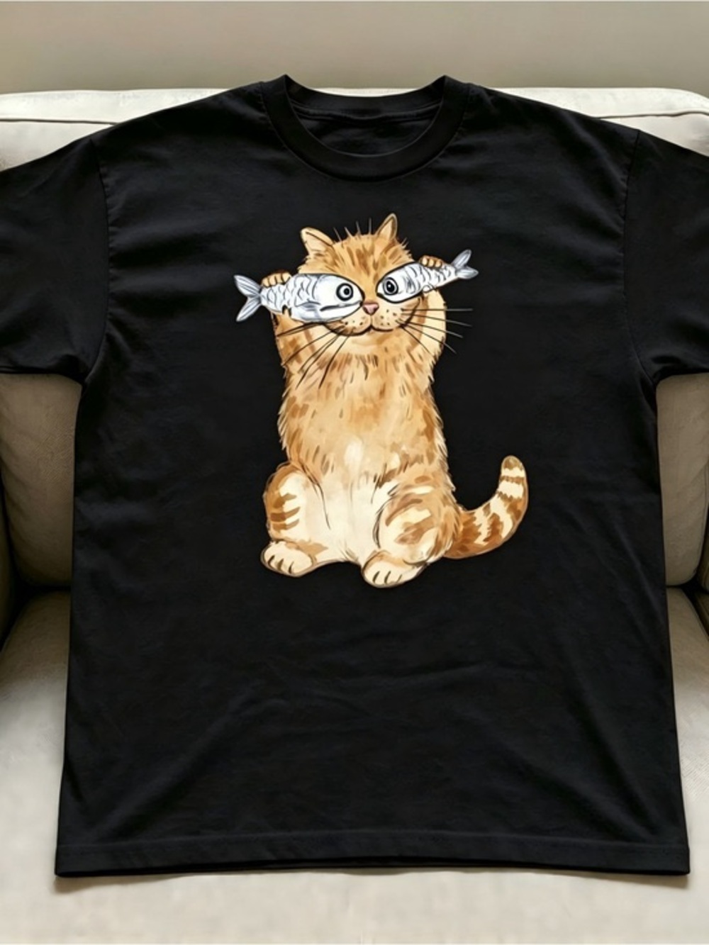 Black Short-Sleeve Tee with Ginger Cat Fish Graphic